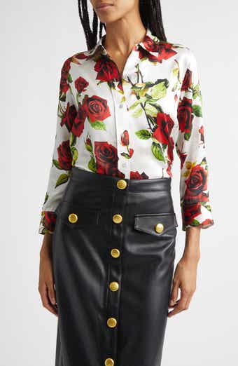 Dani Rose Print Silk Button-Up Shirt