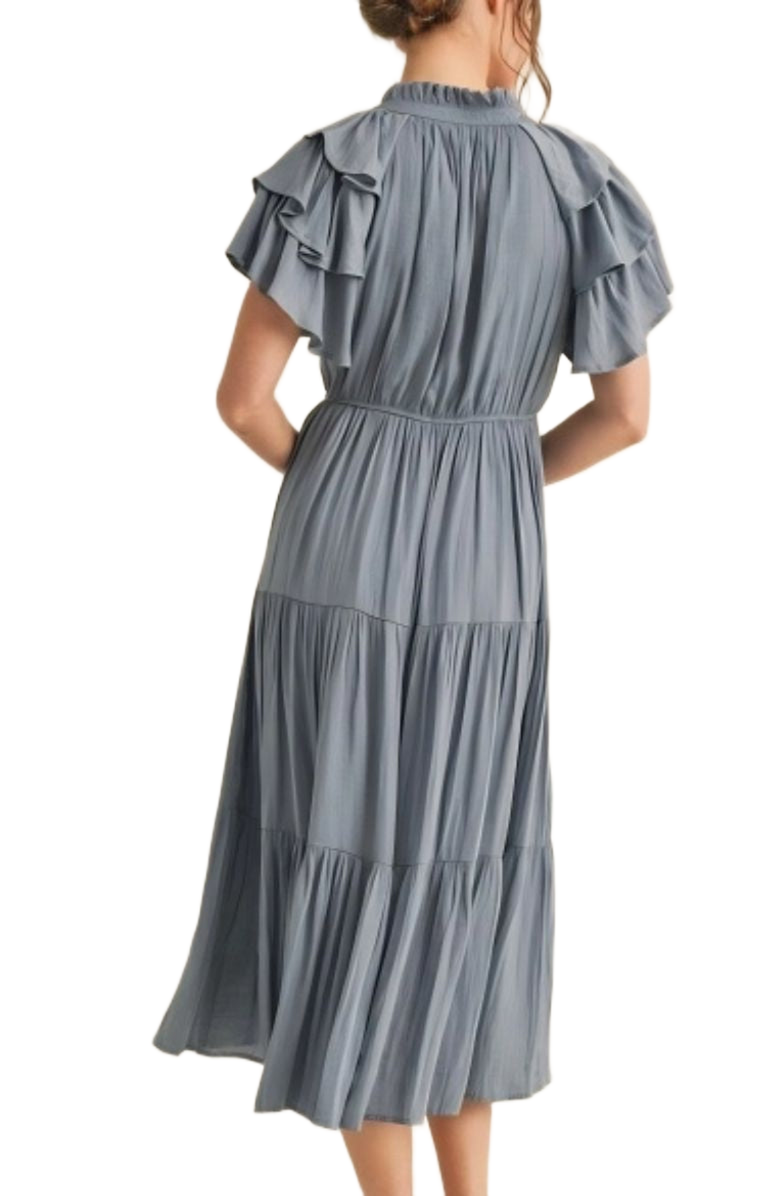 Knit and Lounge Tiered Tie Neck Ruffle Sleeve Midi Dress, Alternate, color, 