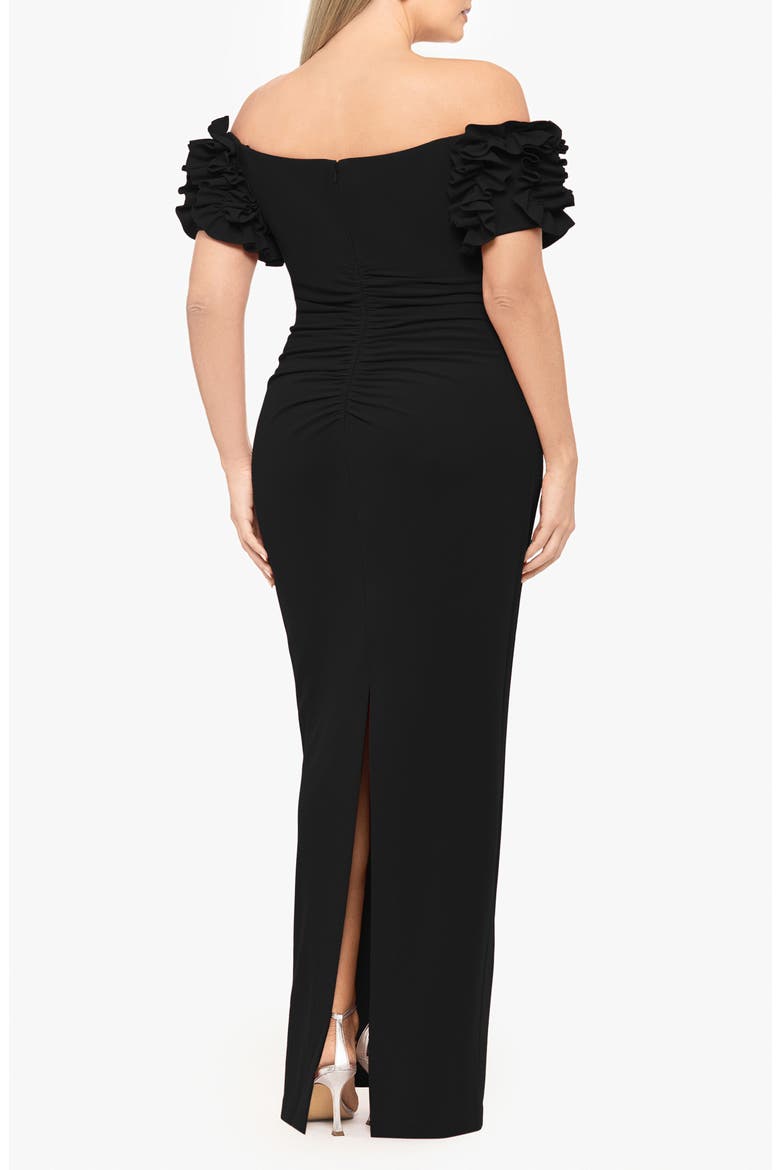 Ruffle Off the Shoulder Crepe Gown, Alternate, color, BLACK