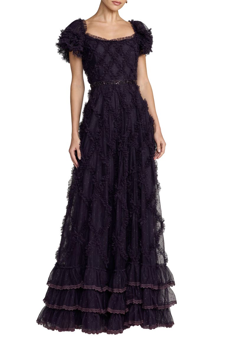 Mesh Short Sleeve Scoop Neck Ruffle Tiered A Line Dress, Main, color, Midnight