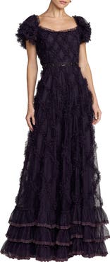 Mac Duggal Mesh Short Sleeve Scoop Neck Ruffle Tiered A Line Dress