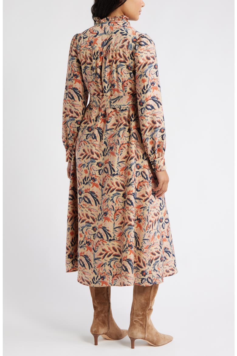 Ruffle Belted Long Sleeve Maxi Dress, Alternate, color, TAN- NAVY IKAT BLOSSOM