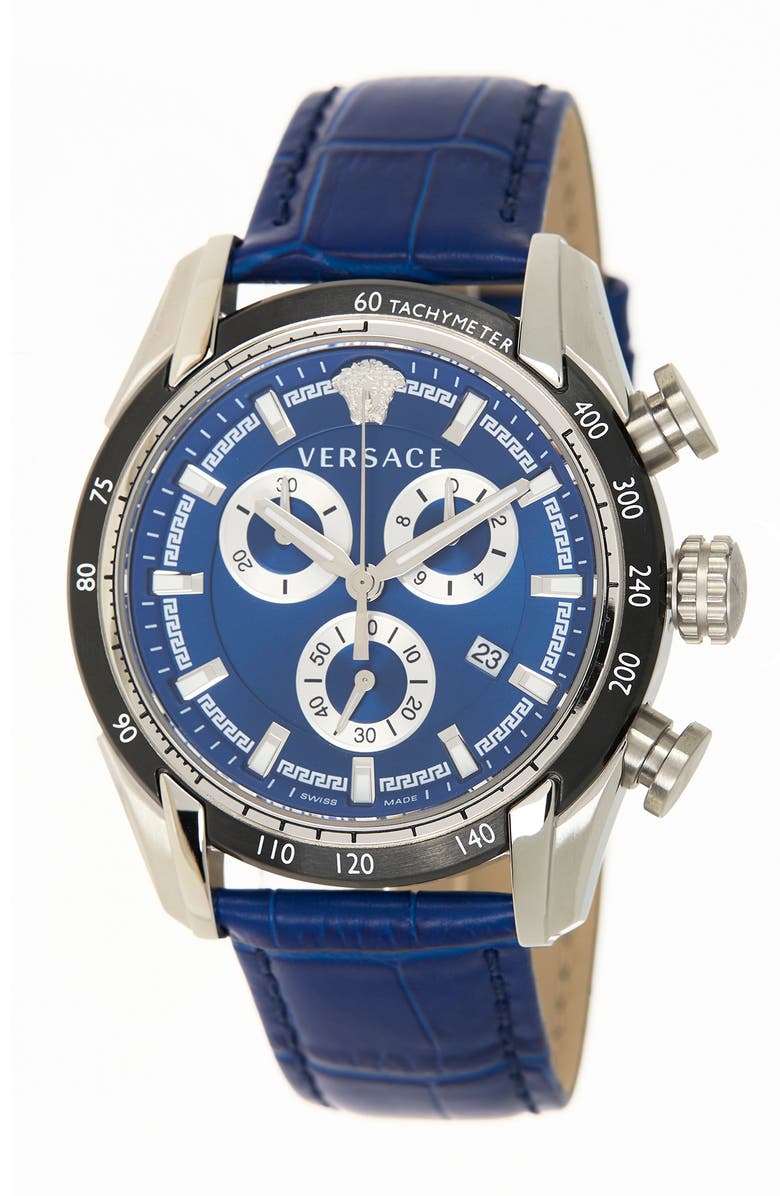 Versace Chronograph Croc Embossed Leather Strap Watch, 44mm, Main, color, Stainless Steel