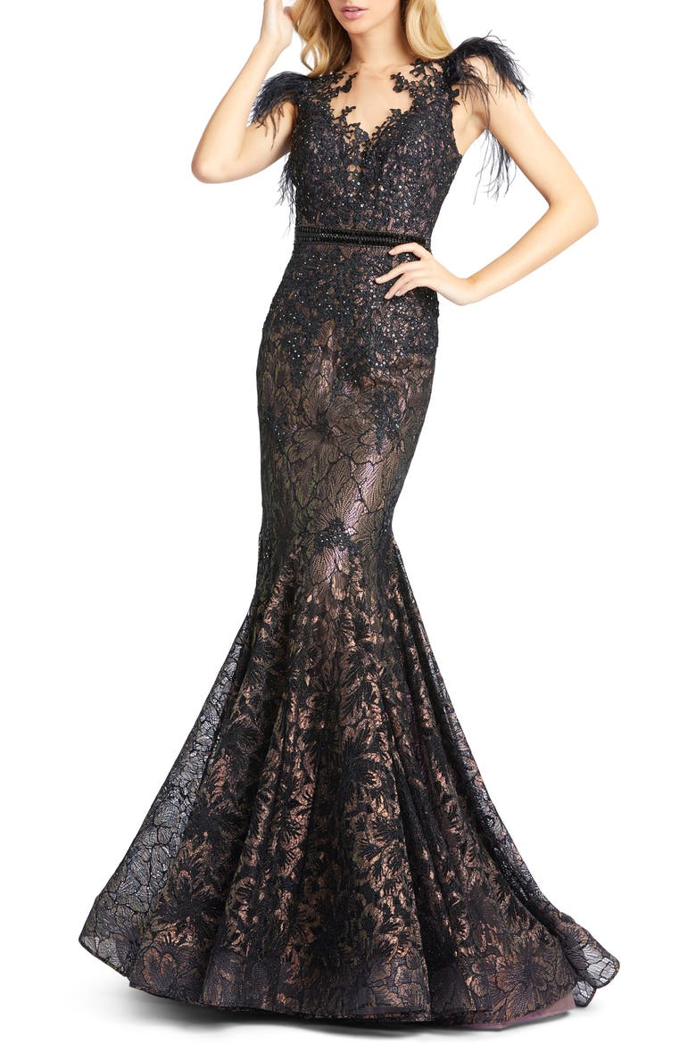 Embellished Feather Cap Sleeve Illusion Neck Trumpet Gown, Main, color, BLACK