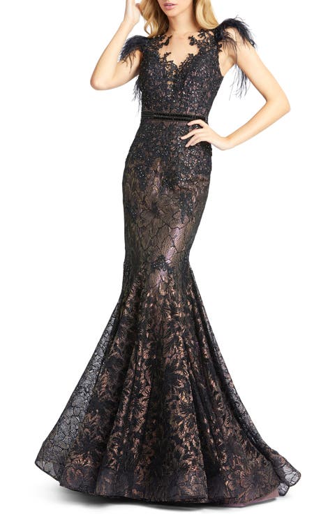 Embellished Feather Cap Sleeve Illusion Neck Trumpet Gown
