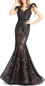 Mac Duggal Embellished Feather Cap Sleeve Illusion Neck Trumpet Gown