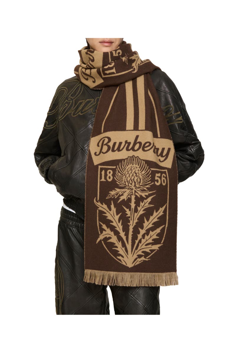 Burberry Thistle Shield Wool Scarf, Alternate, color, Treacle Brown