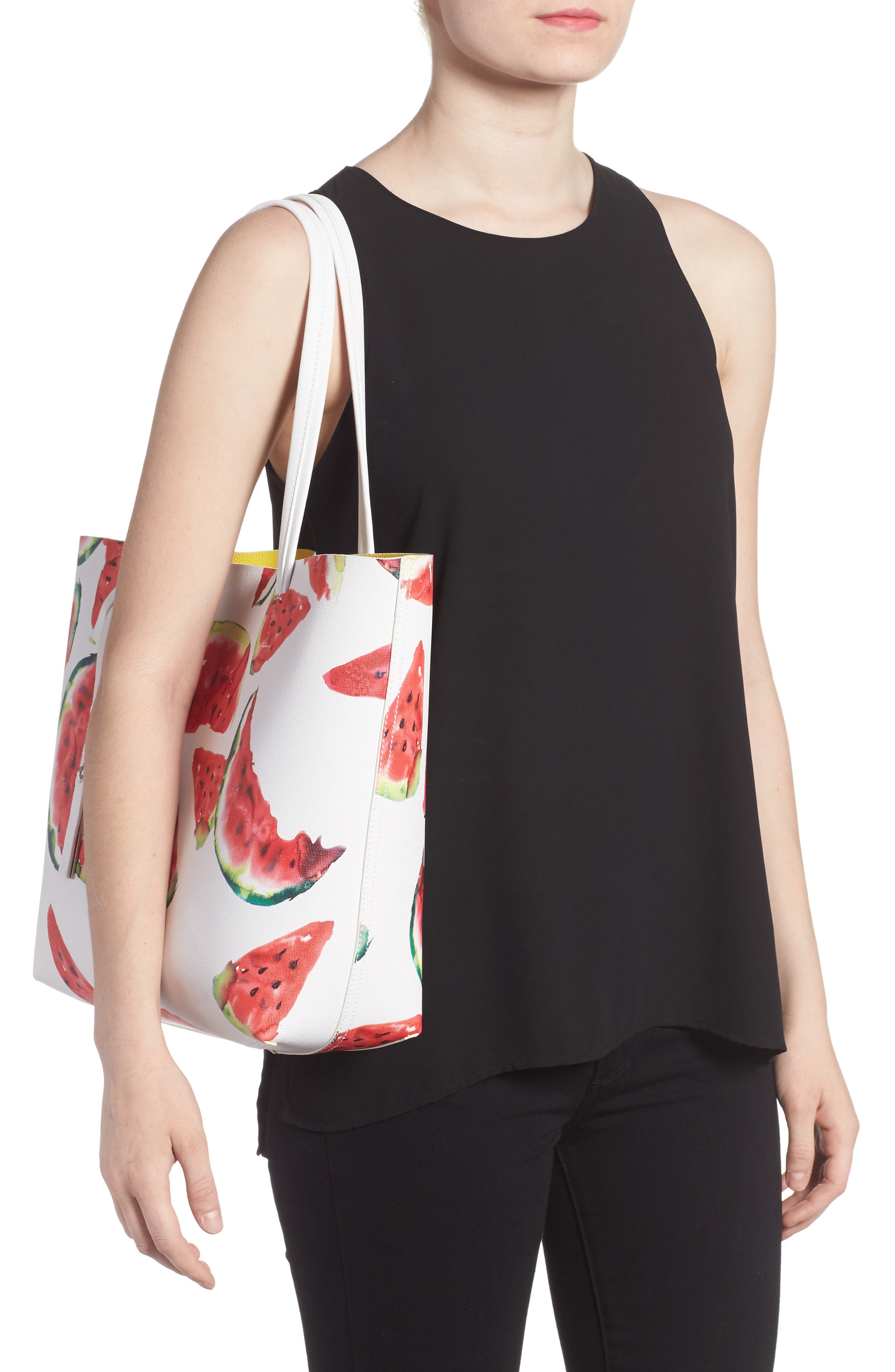 Maro Faux Leather Tote, Alternate, color, WATERMELON PRINT YELLOW