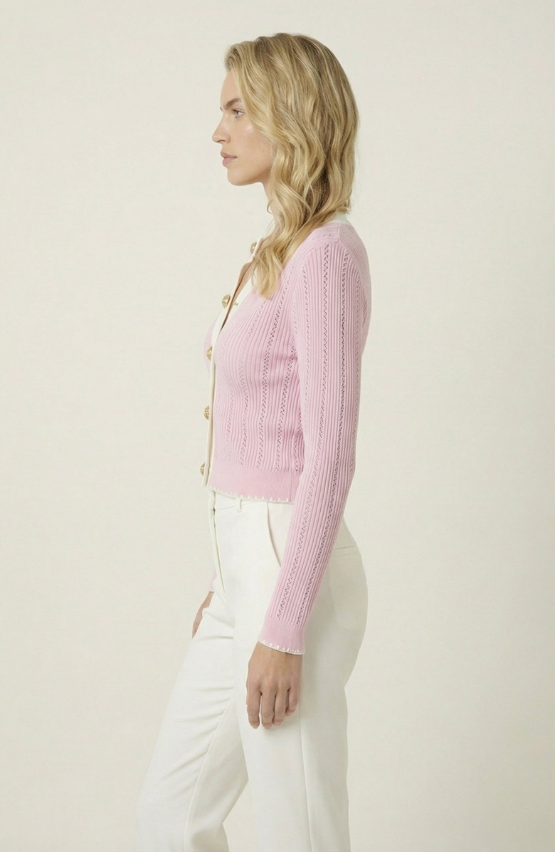 Modenaire Ribbed Knit Contrast Trim Cardigan, Alternate, color, Light Pink