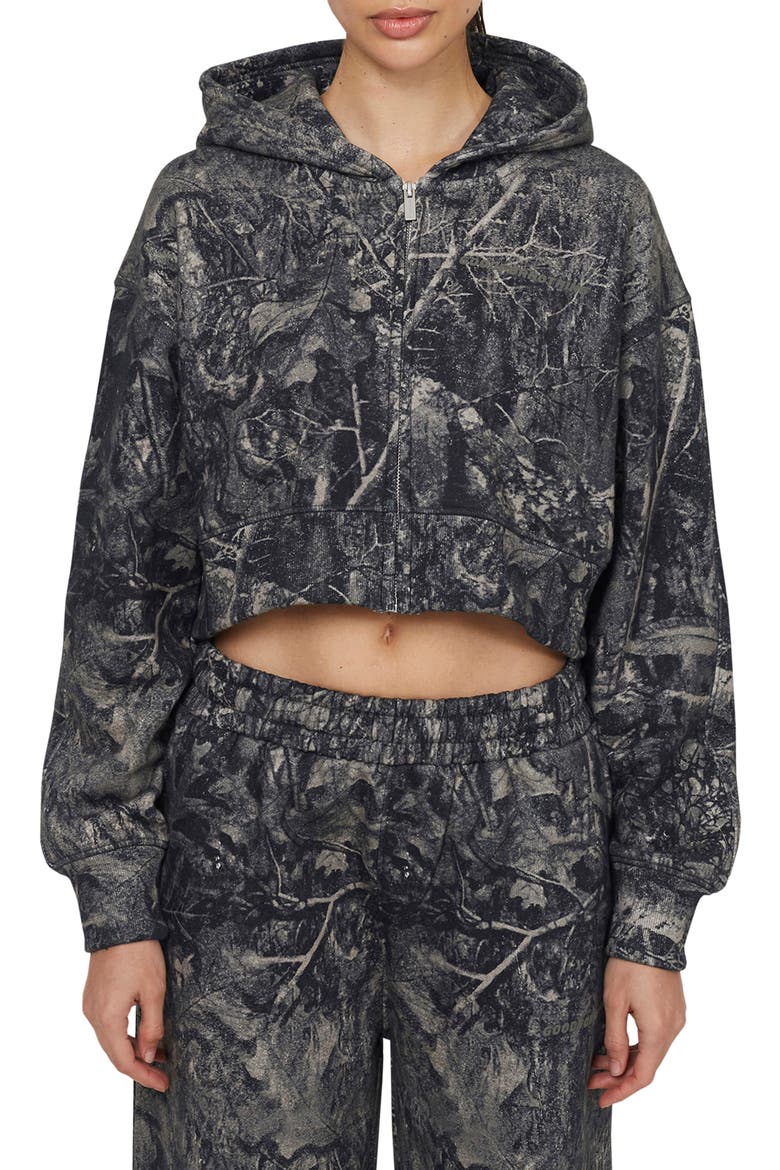 Woodland Blackout Camo Crop Zip Hoodie, Main, color, Camo