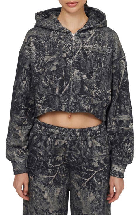 Woodland Blackout Camo Crop Zip Hoodie