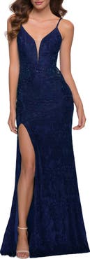 La Femme Chic Long Stretch Lace Gown with Sheer Rhinestone Back