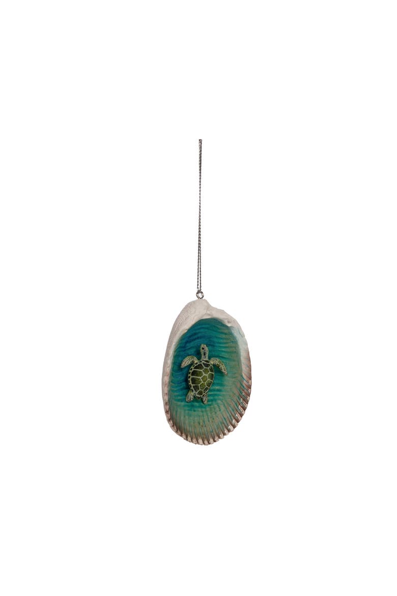 Sea Turtle In Seashell Tree Ornament, Alternate, color, Blue
