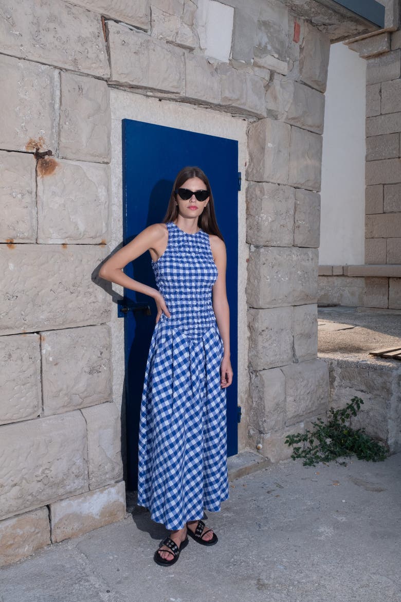 Annah Ruched Plaid Midi Dress, Alternate, color, Ios Check