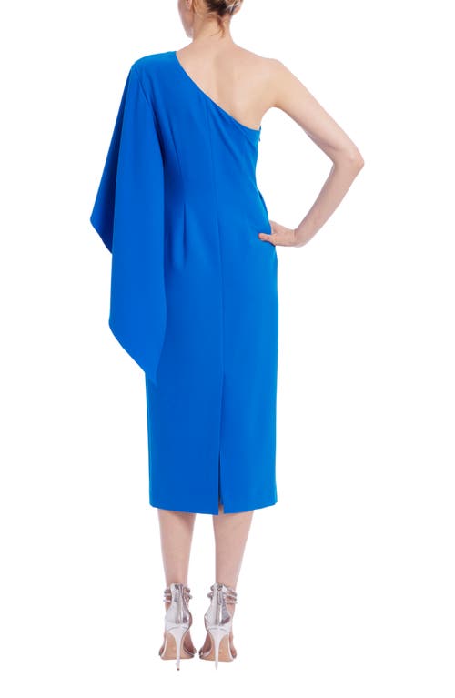 Badgley Mischka Draped One-shoulder Stretch Crepe Midi Dress In Cobalt