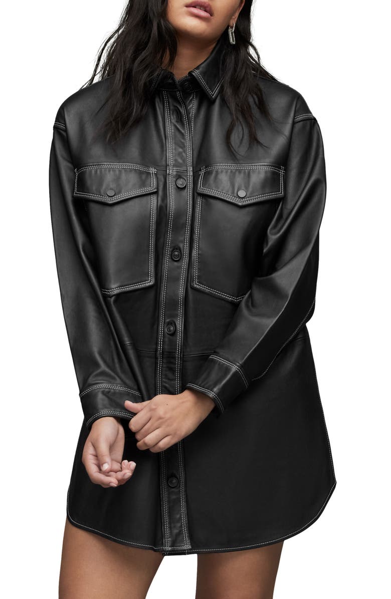 AllSaints Lily Long Sleeve Leather Mini Shirtdress, Alternate, color, 