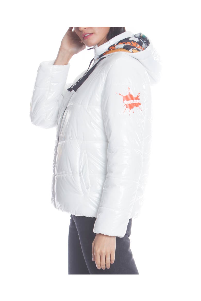 Women's Hi-Shine Chevron Quilt Puffer with Nickelodeon Mashup Print Lining Jacket, Alternate, color, White