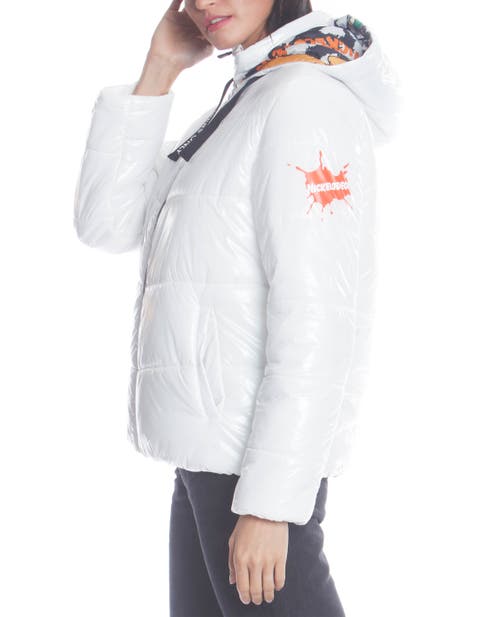 Members Only Hi-shine Chevron Quilt Puffer With Nickelodeon Mashup Print Lining Jacket In White