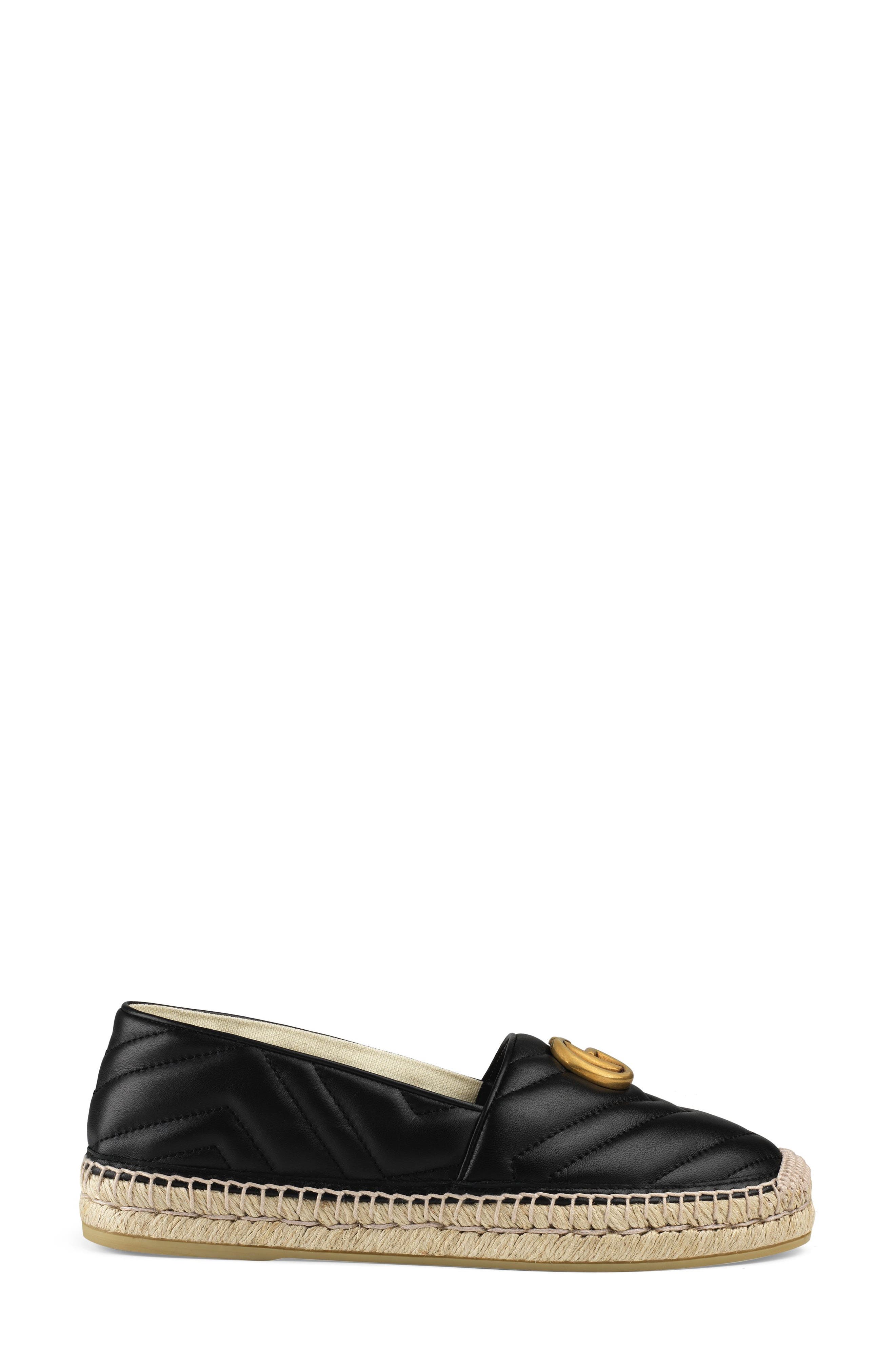 Gucci Pilar GG Matelassé Chevron Flat Espadrille, Alternate, color, Black Leather