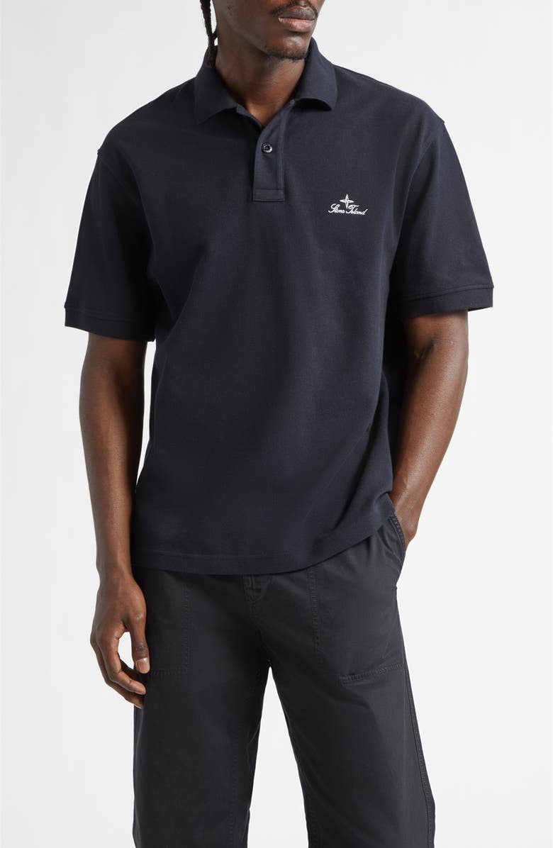 Stone Island Institutional One Embroidered Cotton Piqué Polo, Main, color, Navy Blue