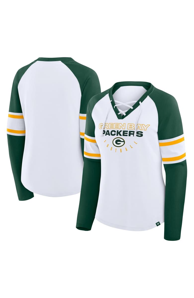 FANATICS Women's Fanatics White/Green Green Bay Packers Redzone Blitz Package Raglan Lace-Up V-Neck Long Sleeve T-Shirt, Main, color, White