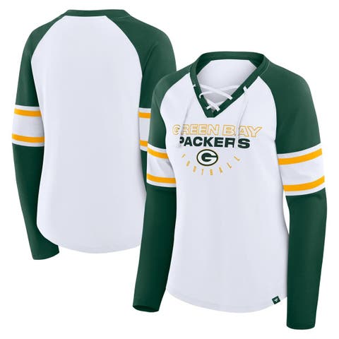 Women's Fanatics White/Green Green Bay Packers Redzone Blitz Package Raglan Lace-Up V-Neck Long Sleeve T-Shirt