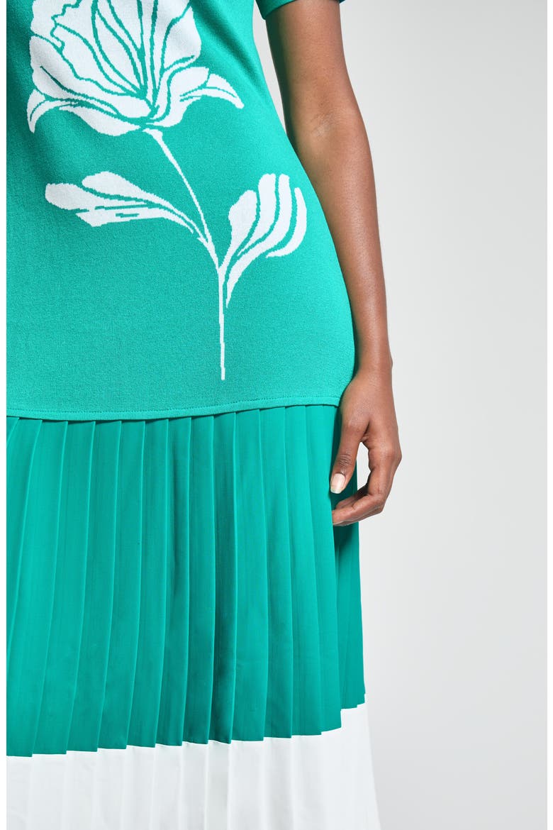 Modern Fit Mixed Media Pleated Midi Dress, Alternate, color, EMERALD AWE/ WHITE
