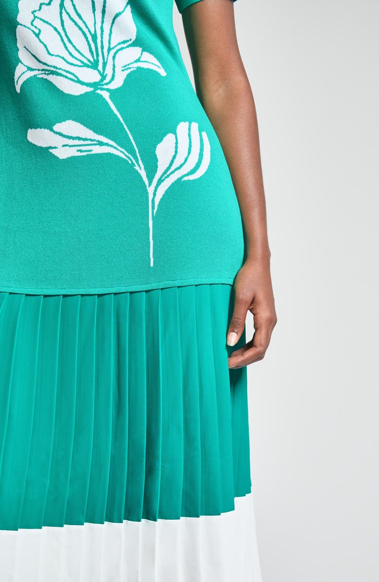 Ming Wang Modern Fit Mixed Media Pleated Midi Dress, Alternate, color, Emerald Awe/ White