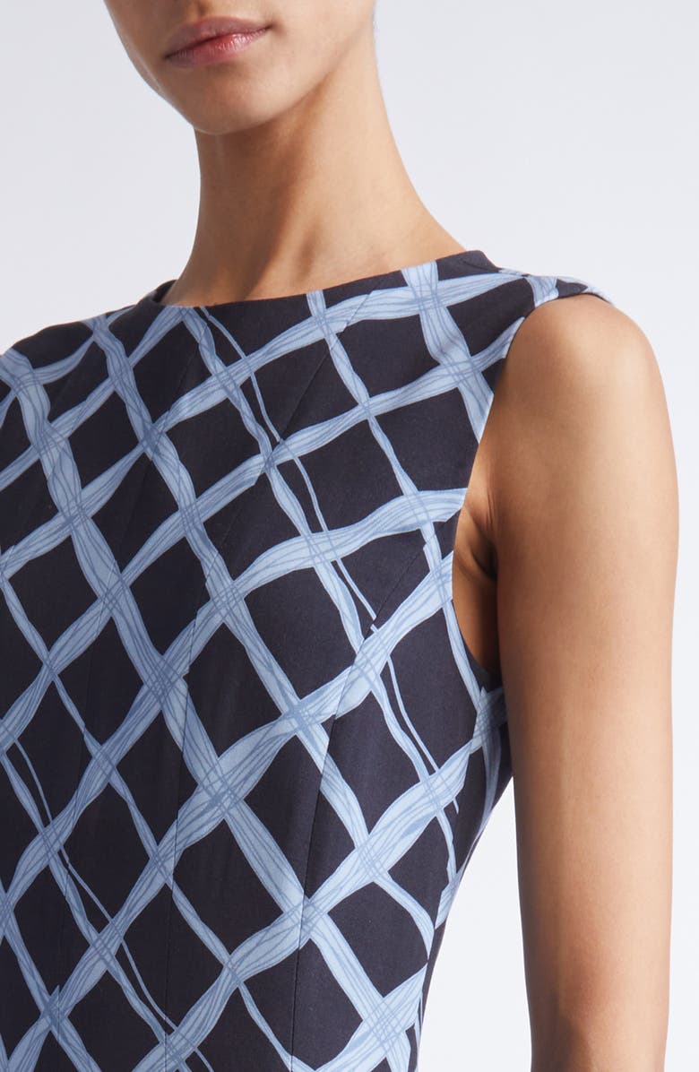 Oscar de la Renta Wavy Plaid Pleated Wool Blend Dress, Alternate, color, Navy/ Blue