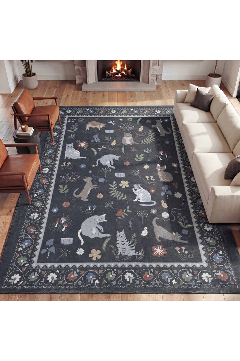 Catmosphere Festive Feline Floral Border Non-Slip Machine-Washable Rug, Main, color, Charcoal