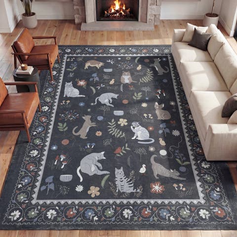 Catmosphere Festive Feline Floral Border Non-Slip Machine-Washable Rug