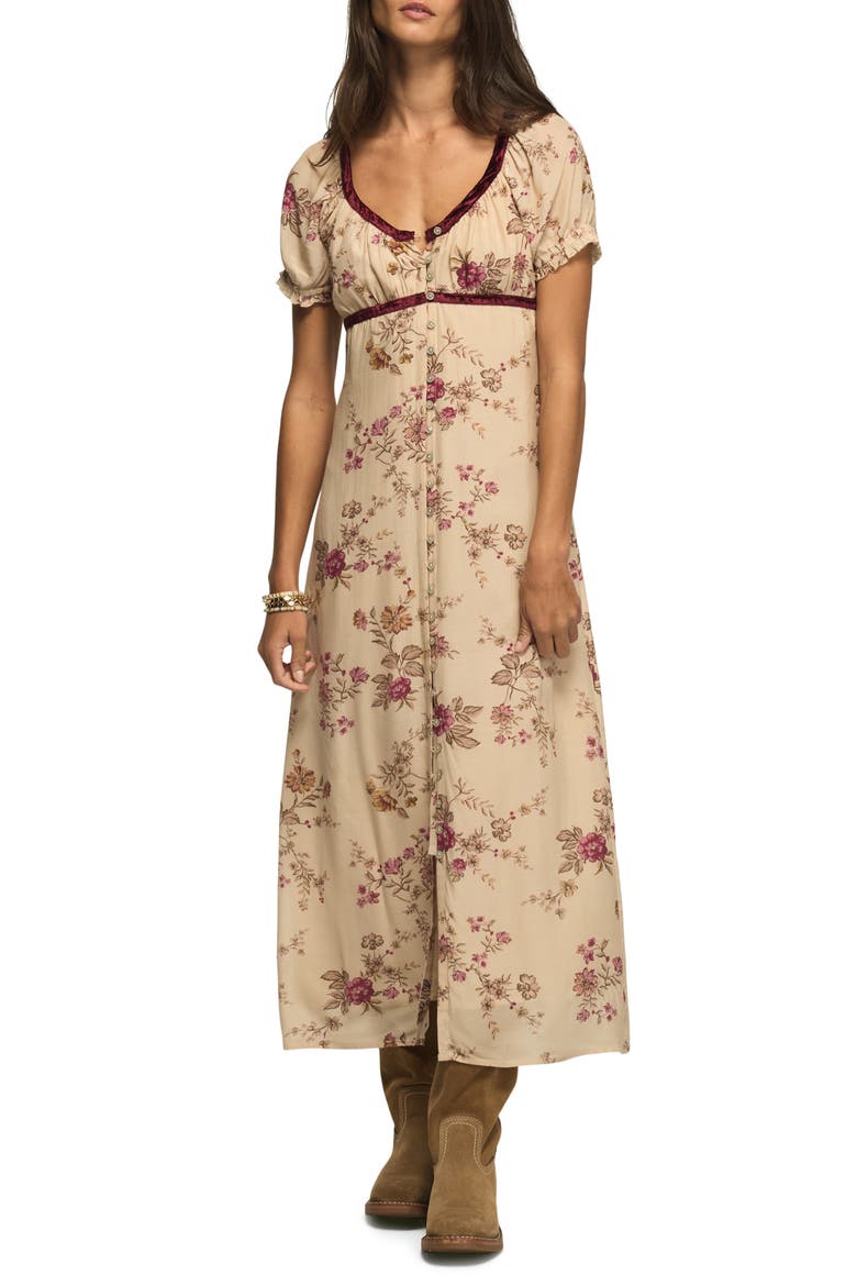 Velvet Trim Midi Dress, Main, color, CREAM VINTAGE FLORAL