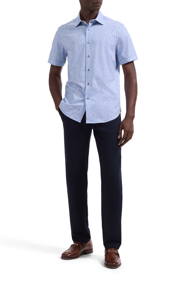 Bugatchi Miles OoohCotton<sup>®</sup> Leaf Print Short Sleeve Button-Up Shirt, Alternate, color, Air Blue