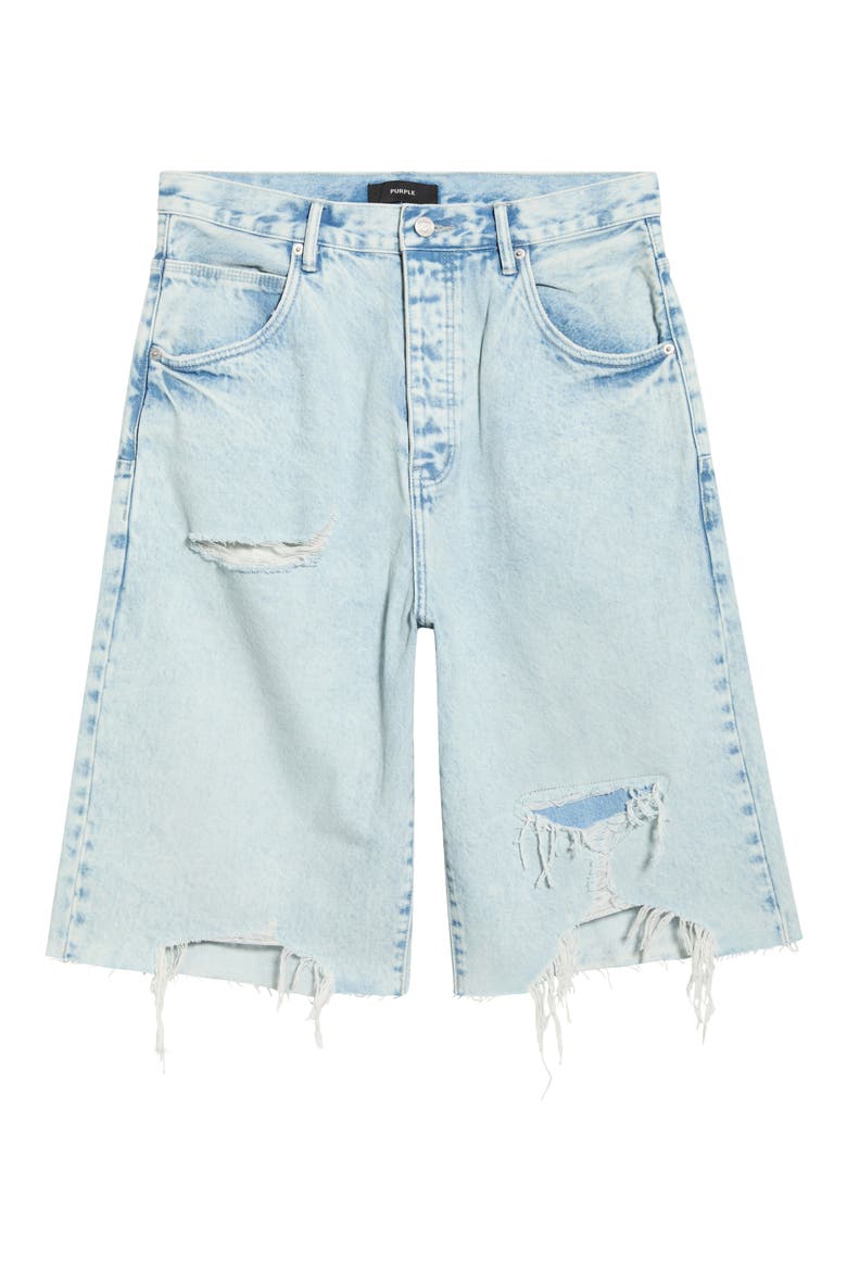 Blowout Patched Raw Hem Denim Shorts, Alternate, color, LIGHT INDIGO