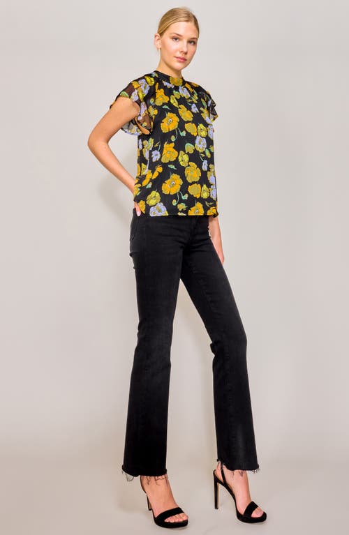 Melloday Flutter Sleeve Chiffon Top In Black/blue Floral