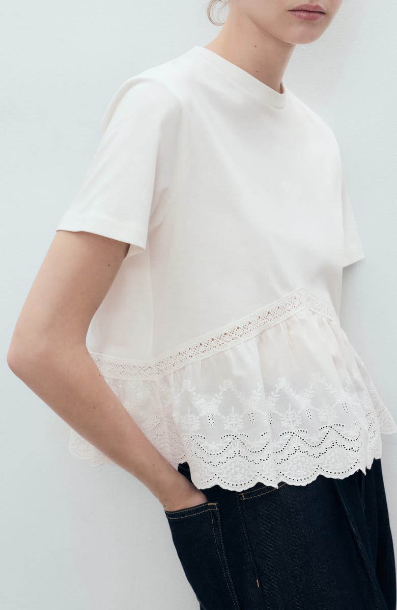 MANGO Embroidered Eyelet Hem Cotton T-Shirt, Main, color, Off White