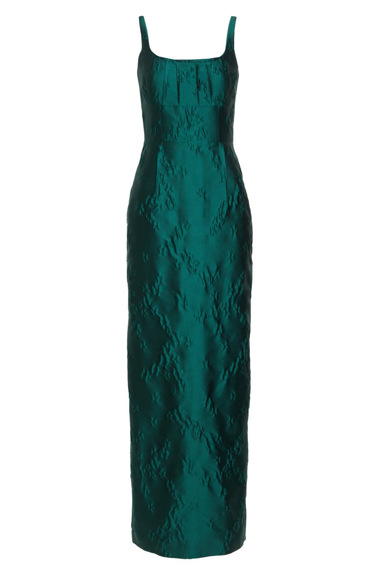 Sharon Sleeveless Ditsy Metallic Floral Jacquard Column Gown, Alternate, color, EMERALD GREEN