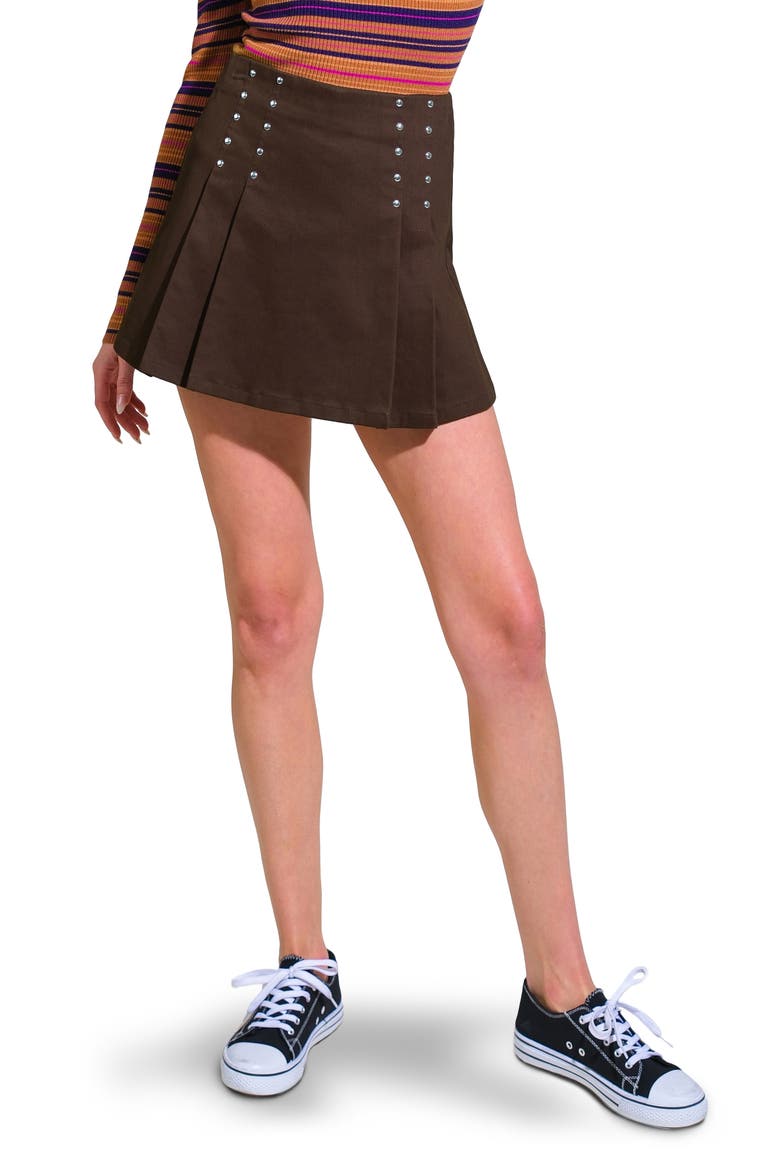 Studded Pleated Miniskort, Main, color, DARK BROWN