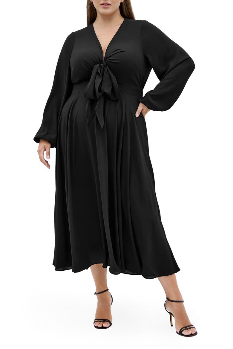 Adelyn Tie Front Long Sleeve Midi Dress, Main, color, BLACK