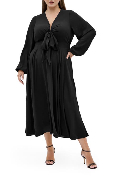 Adelyn Tie Front Long Sleeve Midi Dress
