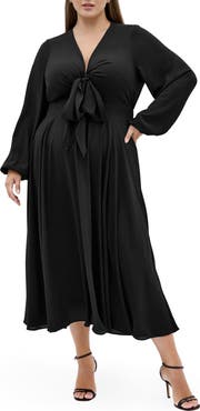 City Chic Adelyn Tie Front Long Sleeve Midi Dress