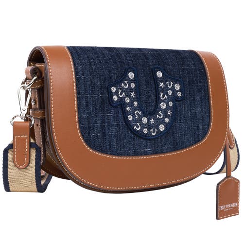 True Religion Studded Logo Denim Flap Bag In Blue