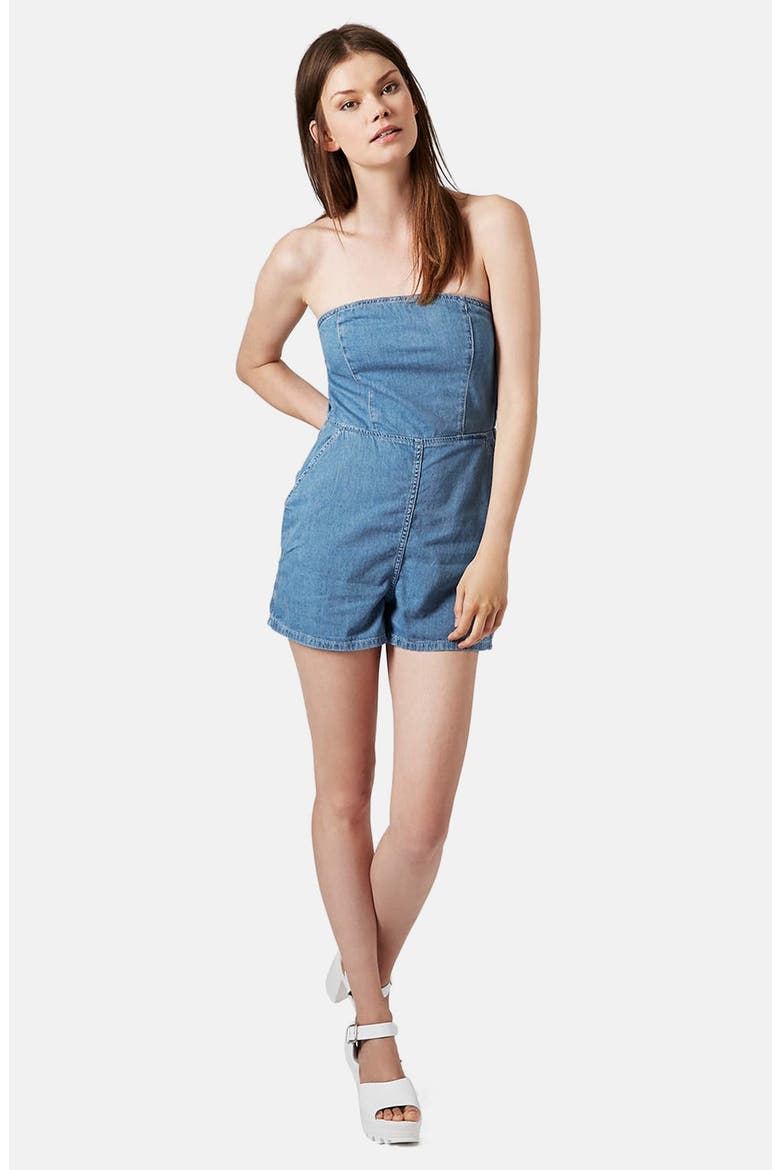 Moto Bandeau Denim Romper, Alternate, color, LIGHT DENIM