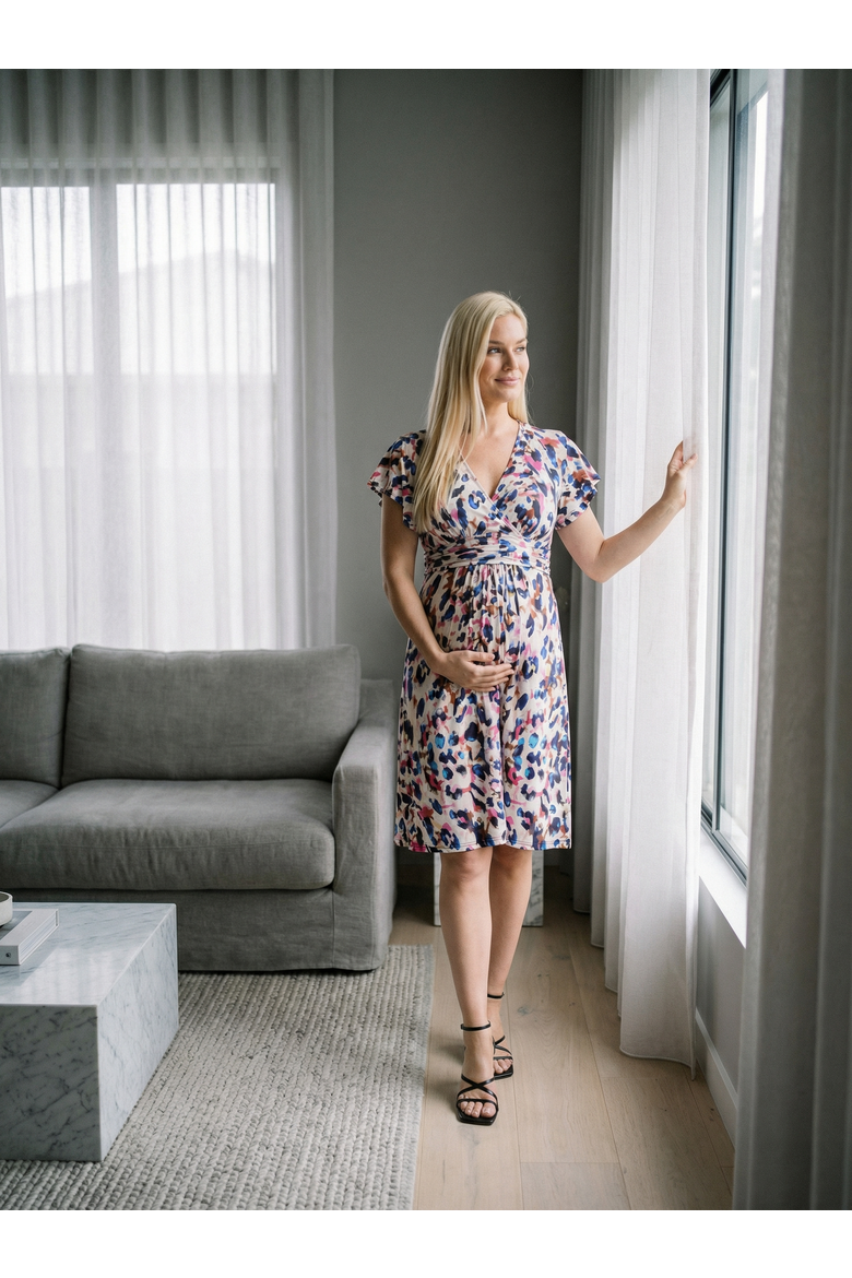 Maternity Abstract V-Neck Cap Sleeve Knee Length A-Line Pocket Dress, Alternate, color, White Multi