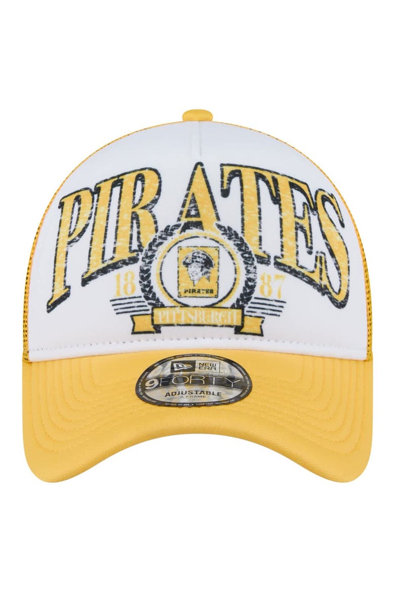Men's New Era White/Gold Pittsburgh Pirates Distressed 9FORTY A-Frame Adjustable Trucker Hat, Alternate, color, White