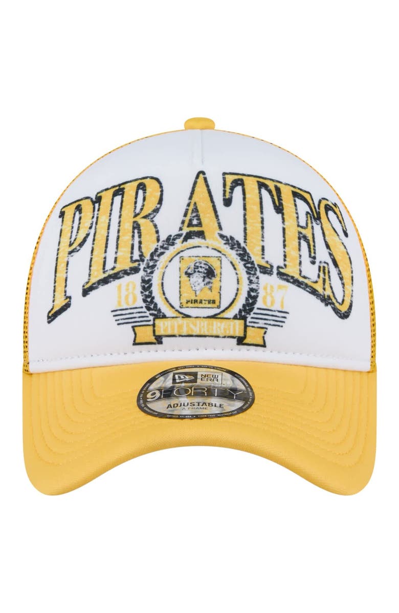 New Era Men's New Era White/Gold Pittsburgh Pirates Distressed 9FORTY A-Frame Adjustable Trucker Hat, Alternate, color, White