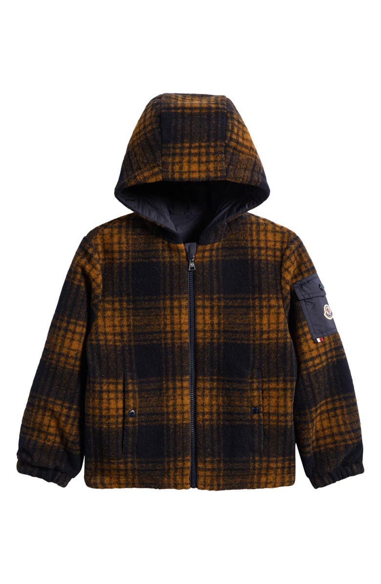 Moncler Kids' Aubrac Hooded Plaid Fleece Jacket, Main, color, Dark Blue