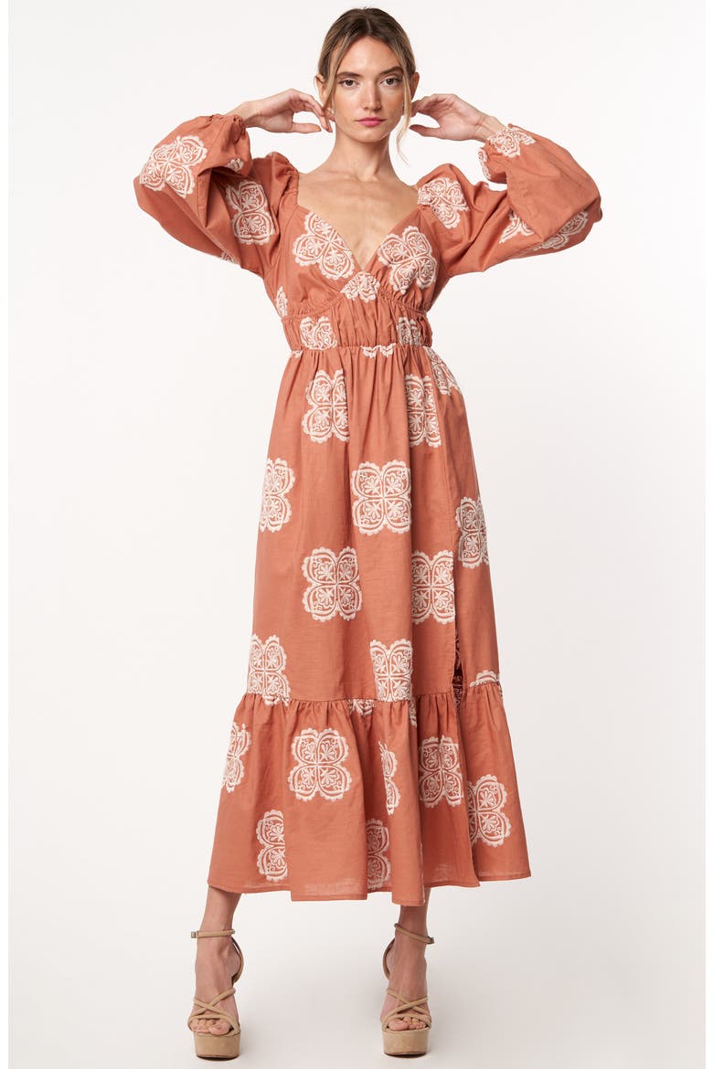 Serbita Medallion Embroidery Long Sleeve Cotton & Linen Midi Dress, Alternate, color, JASPER