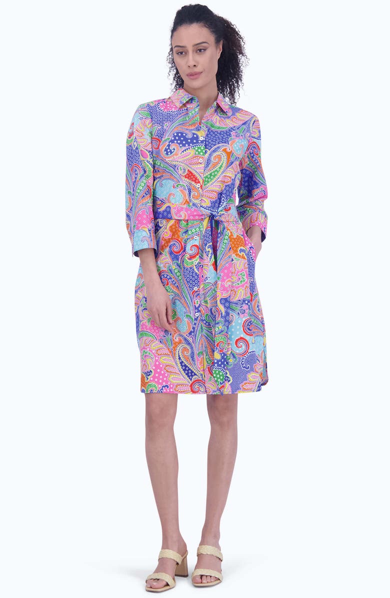 Foxcroft Rocca Paisley Belted Three-Quarter Sleeve Cotton Shirtdress, Alternate, color, 