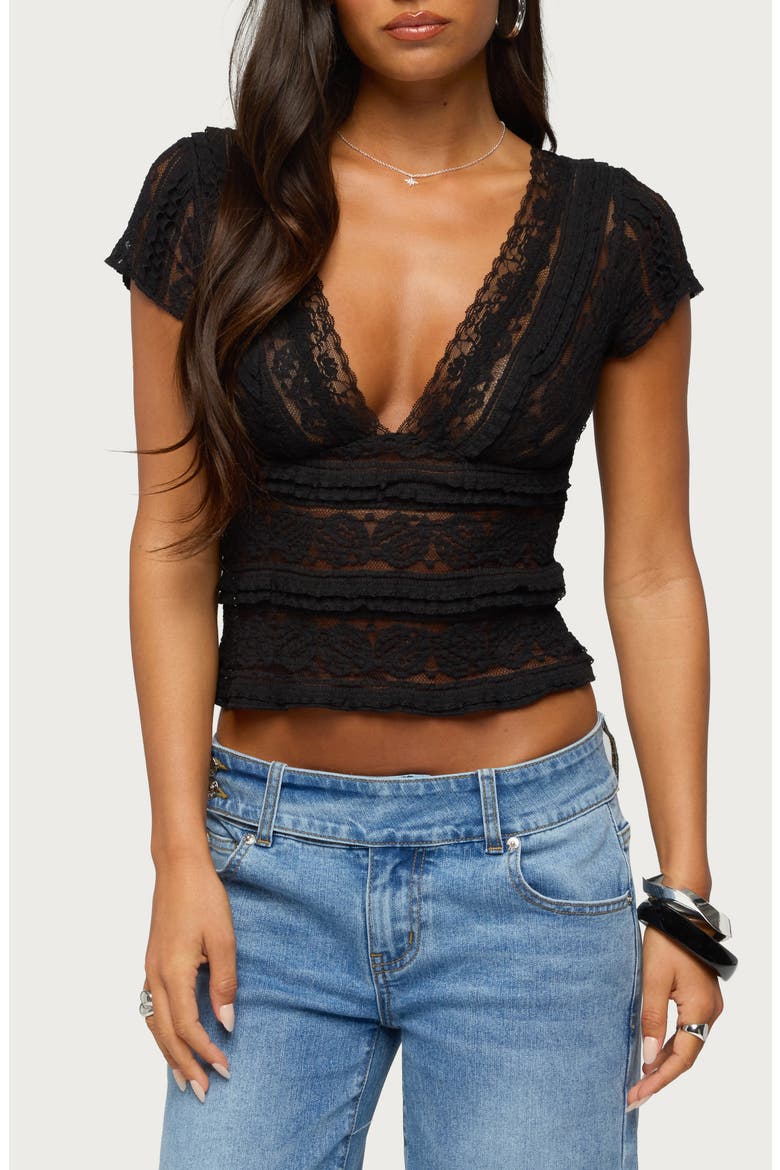 Avalee Plunge Neck Lace Crop Top, Main, color, BLACK